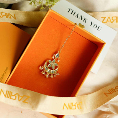 Chaand Phool Maang Teeka with Mirror Polki and Pearls
