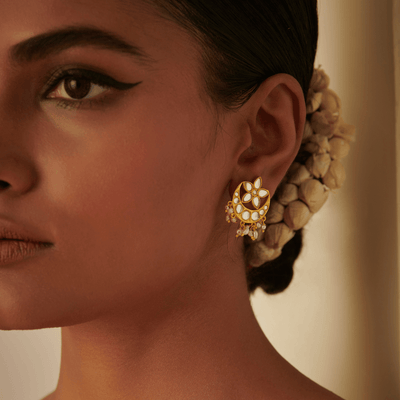 Chaand Phool Stud Earrings with Mirror Polki and Pearls
