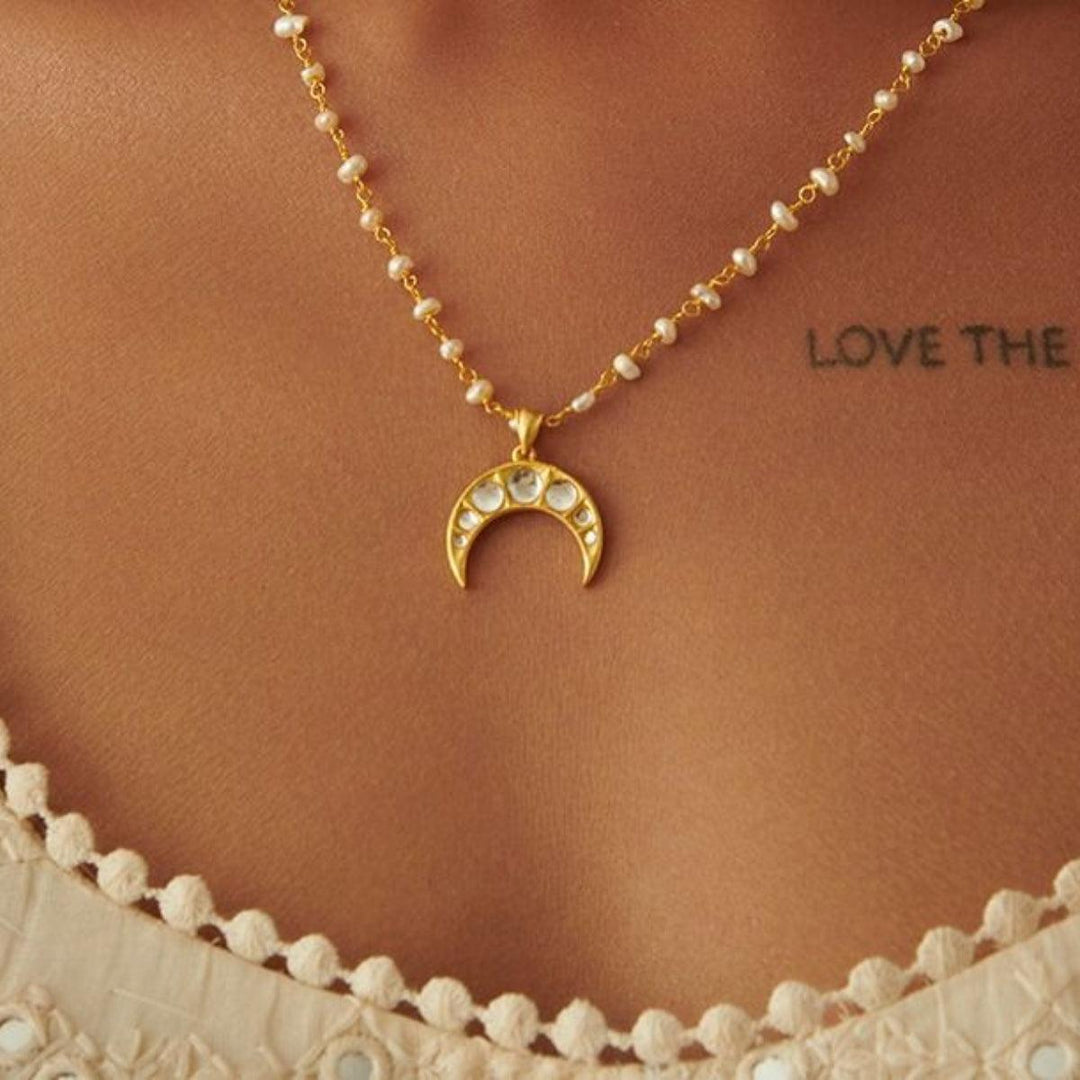 Gold Plated Mirror Polki Pearl Necklace for Women – Red Dot Jewels