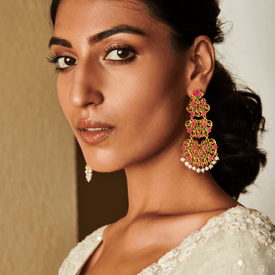 GODDESS LOTUS STATEMENT EARRINGS IN PINK ENAMEL