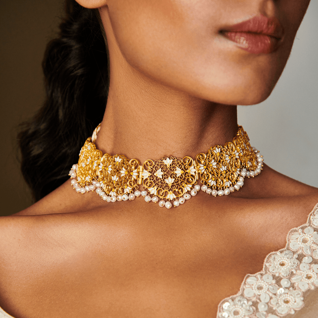 Buy Lotus Lace Choker Necklace in Enamel Design for Women – Red